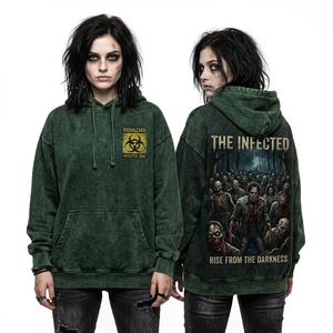 Sudadera con capucha oversize para mujer, color caqui, con efecto desgastado, logotipo de peligro biológico en el pecho y gráfico de paisaje urbano destruido, estilo streetwear. - Product Image 3