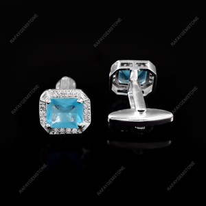 Boutons de manchette rectangulaires en verre bleu aqua pour homme, ton argenté, accessoires de chemise formelle, cadeau pour mariage, marié, affaires, fête, bijoux Rafay - Product Image 2