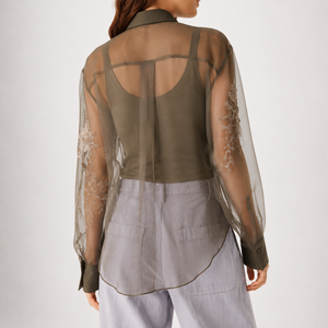 Blusa de malla transparente para mujer, camisa de manga larga con botones y bordado floral, color verde oliva - Product Image 2