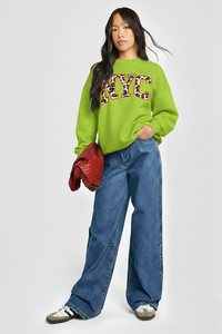 Women Oversized Crew Neck <b>Sweatshirt</b> Light Blue <b>Leopard</b> <b>Print</b> Letter Front Regular Sleeve Autumn Knitted Cotton 100% - Product Image 6