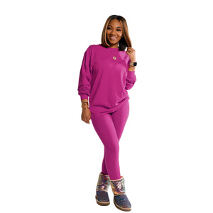 Conjunto de Punto Rojo de 2 Piezas para Mujer, Top de Manga Larga con Cuello Redondo, Leggings de Cintura Alta, Color Sólido, Casual, Largo Completo, Spandex y Algodón - Product Image 4