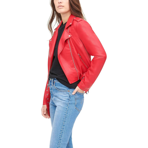 Red PU Leather Moto Jacket Women's Short Sleeve Zipper Closure Turn-down Collar Solid Color Casual Style Autumn Wear - Product Image 3