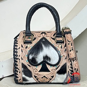 Western Style Hand <b>Tooled</b> <b>Leather</b> Speedy Duffel Bag With Cowhide Hair On Hide Black <b>Leather</b> Handbag Travel Crossbody Women Purse - Product Image 1