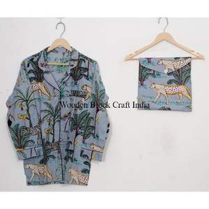 Pyjama en coton imprimé jungle à manches longues, ensemble deux pièces décontracté avec poches pour femme - Product Image 2