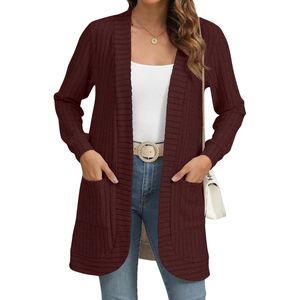 Custom Burgundy Women <b>Cardigan</b> Warm Knitted Acrylic Loose Fit Pocket Outerwear Winter Long Layered Sweaters Outer <b>Cardigans</b> - Product Image 1
