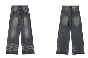 Jean en denim vintage droit déchiré taille haute pour homme, qualité supérieure, lavage effet neige, coton écologique, confortable - Product Image 2