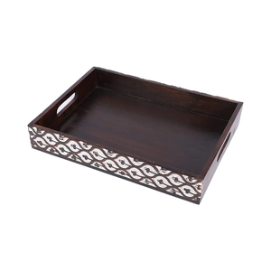 Handcrafted Wooden Serving <b>Tray</b> with Bone Inlay Border Design Decorative Coffee <b>Breakfast</b> <b>Tray</b> with Cutout Handles - Product Image 1