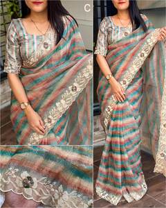 งานครบรอบ/Sangeet/การต้อนรับแบบพิเศษที่เรียบง่ายแต่ดูสง่างามขอบตัดแฟนซีทันสมัย Saree กับเสื้อไม่มีตะเข็บ - Product Image 3