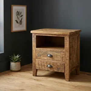 Mesa de Noche Rústica de Madera Maciza con 2 Cajones, Estante Abierto y Gabinete de Almacenamiento para Sala de Estar o Dormitorio, Mueble Ecológico Hecho a Mano - Product Image 4