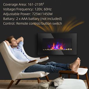 Caminetto Elettrico da Parete Nero da 1450W con Effetto Fiamma a 7 Colori e Telecomando - Product Image 6