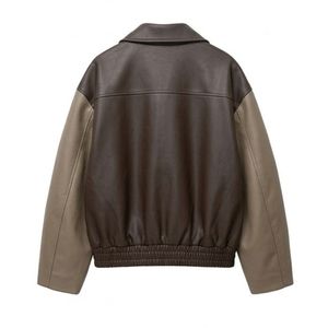 Olive Brown Finish <b>Women</b> <b>Leather</b> <b>Jacket</b> Windproof Contrast Panel Spread Neck Raglan <b>Long</b> Sleeves Heated <b>Womens</b> Coats - Product Image 5