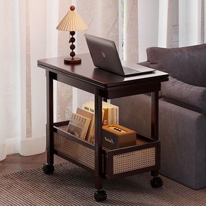 Mobile <b>Side</b> Coffee <b>Table</b> <b>with</b> Cane Weave Basket and <b>Wheels</b> for Living Room Bedroom Hotel Apartment - Product Image 2