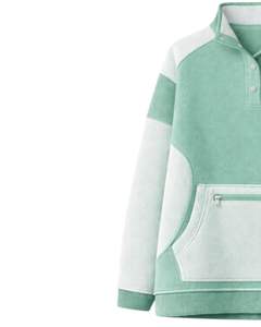 Sweat-shirt épais pour femme, vert menthe et blanc, à blocs de couleur, coupe oversize, en polaire, avec col à boutons-pression et poche kangourou - Product Image 3