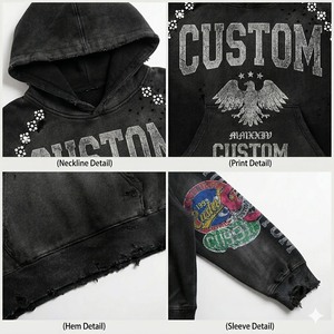 Sudadera con capucha de diamantes de imitación al por mayor, extragrande, de corte cropped y holgado, con estampado gráfico DTG, con cremallera, estilo streetwear vintage personalizado - Product Image 4