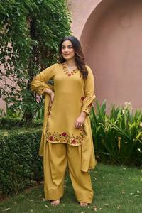 Women's Mustard Yellow Cotton <b>Kurta</b> Set With Red Floral Embroidery Loose Fit Traditional <b>Indian</b> Pakistani Style Casual Wear - Product Image 2