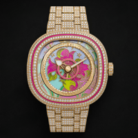 Montre à cadran floral en cristal doré, rose et vert, montre de luxe artistique pour femmes, accessoire de mode élégant, cadeau