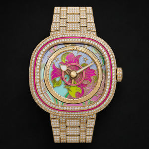 Gold Crystal Floral Dial <b>Watch</b> Pink Green Artistic Luxury Timepiece For Women Elegant Fashion Statement Gift Accessory - Product Image 1