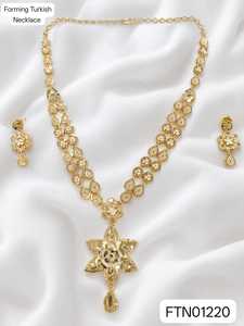 Women's Brass 18K Gold Plated Turkish Long Haram Necklace <b>Set</b> Lock Design Bridal Traditional Wedding Engagement - Product Image 2