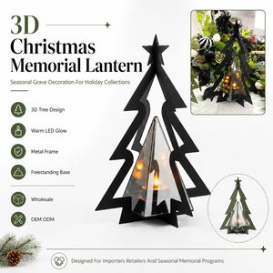 Lanterne de cimetière 3D en gros en forme de sapin de Noël avec cadre en métal noir et bougie chauffe-plat LED pour programmes de commémoration des tombes en détail - Product Image 5