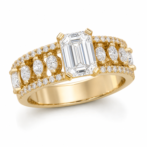 Anillo de Compromiso de Lujo con Diamante Cultivado en Laboratorio, Corte Esmeralda, Oro Amarillo de 14K, Piedras Laterales Marquise, Múltiples Hileras, Aniversario de Bodas - Product Image 1