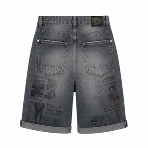 Legacy Newspaper Print Y2K Denim Jorts Washed Grey Streetwear Shorts Men Low MOQ Wholesale Supplier - Product Image 3
