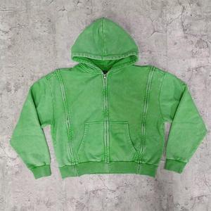 Sweat à capuche zippé Streetwear Designer personnalisé, en coton épais, coupe oversize, délavé à l'acide, effet vieilli, brodé de strass - Product Image 3