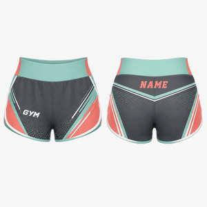 Shorts de sport taille haute pour femme, motif géométrique, imprimé par sublimation, violet, noir, or, respirant, en spandex et polyester - Product Image 1