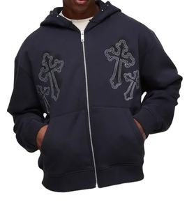 Sudadera con capucha gruesa y pesada para hombre, con cremallera frontal y pedrería, hombros caídos, 450 GSM, forro polar de poliéster/algodón personalizado de alto gramaje - Product Image 4