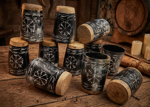 Juego de Vasos de Chupito de Cuerno Vikingo Hechos a Mano con Diseño de Nudo de Brújula Grabado, Copas de Hidromiel de Cuerno Bovino Auténtico con Base de Madera - Product Image 6