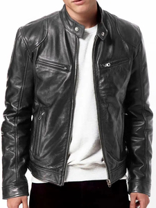Veste moto en cuir véritable marron pour homme, col montant, fermeture éclair, coupe ajustée, longueur normale, couleur unie, doublure en coton - Product Image 4