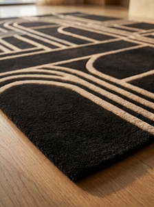 Tapis en laine tufté fait main moderne, noir, géométrique, doux, pour intérieur et extérieur, tapis de luxe contemporain sur mesure - Product Image 2