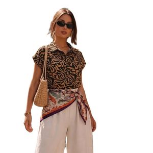 Camisa de Rayón Estampada para Mujer, Corte Regular, Cuello con Abertura, Mangas Medias, Suave y Ligera, Ropa Casual para Mujer - Product Image 1