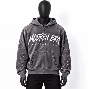 charcoal <b>grey</b> rhinestone full zip hoodie custom oem heavy weight fleece streetwear luxury graphic apparel manufacturer - Product Image 1