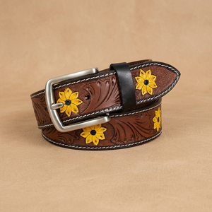 Ceinture équestre en cuir marron avec embossage floral et clous turquoise, boucle argentée - Product Image 5