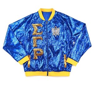 Sigma Gamma Rho <b>Sequin</b> Bomber <b>Jacket</b> SGRho Greek Sorority Blue Gold Sparkle <b>Jacket</b> Womens Greek Apparel - Product Image 1