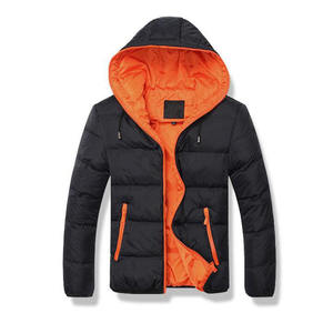 Men's Blue Hooded Puffer Jacket Orange Lining <b>Waterproof</b> Zipper Closure Windproof Casual Winter Wear Canvas Polyester Filling - Product Image 3