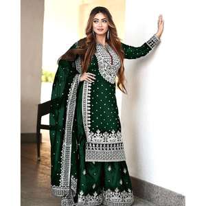 Ensemble Sharara avec Dupatta en Georgette de Designer, Broderie et Sequins, Vert - Product Image 1