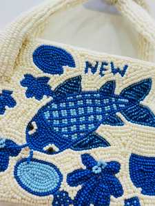 Bolso de Mano Rectangular Hecho a Mano con Cuentas de Vidrio, Diseño de Bordado de Pez Azul, Base Blanca, Lavable, para Uso Diario - Product Image 2