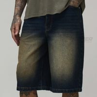Shorts en jean foncé coupe droite taille mi-haute pour homme avec patch personnalisé - Écologique, respirant, broderie Y2K, style Hip Hop léger, streetwear d'été
