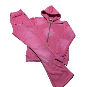 Pink Color Acid Wash Sweatsuit Womens High Quality Winter Two Piece Long Sleeve <b>Zip</b> up Acid Wash <b>Hooded</b> and Flare Sweat pant - Product Image 1