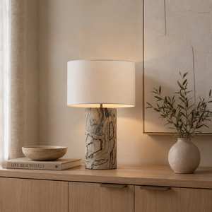 Luxury Pattern Marble Table <b>Lamp</b> With Distinctive Natural Stone Veining Premium Drum Shade Soft Ambient Illumination - Product Image 1