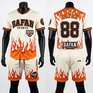 ชุดเสื้อยืดแขนกุดและกางเกงขาสั้นผ้าโพลีเอสเตอร์เนื้อนุ่ม สีครีม-ส้ม ลายเปลวไฟ พร้อมปักโลโก้ตามสั่ง - Product Image 5