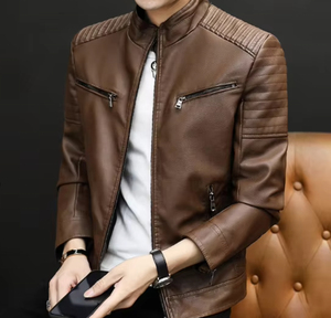 Men's Brown PU Leather Jacket Casual Zipper Closure Turn-<b>down</b> Collar Regular Fit Autumn Wear - Product Image 4
