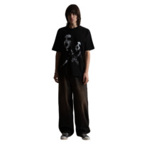 Camiseta Personalizada Vintage para Hombre, Cuello Redondo, Manga Corta, Diseño Estampado con Pedrería, Algodón Grueso de 230g, Corte Holgado, Ribete en Contraste