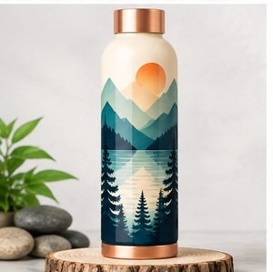 Minimalist Mountain Design <b>Metal</b> <b>Water</b> <b>Bottle</b> Copper Trim Portable Outdoor Use - Product Image 1
