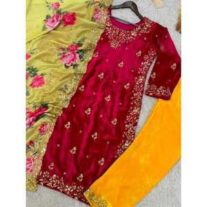 Ensemble haut et dupatta de fête rouge magnifique JD avec travail de sequins, taille XL - Product Image 1