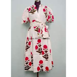 Robe midi pour femme 100 % coton, très vendue, écologique, lavable, nettoyage à sec, respirante, boutonnée au dos, imprimée, col en V, manches courtes - Product Image 1