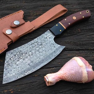 Cuchillo de carnicero ambidiestro hecho a mano de acero de Damasco con mango de madera y funda de cuero para supervivencia al aire libre, corte de carne y cocina. - Product Image 1