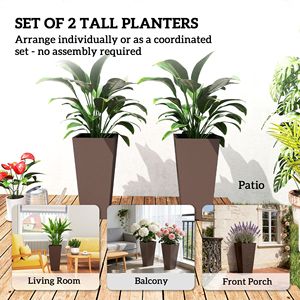 Set of 2 Brown Outdoor <b>Planters</b> 23-Inch Tall <b>Plastic</b> Flower Pots for Front Door Patio Garden Use - Product Image 4