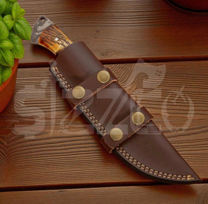 Couteau de chasse OEM Wirecut en acier Damas, couteau à dépecer, manche en bois de cerf, lame fixe, couteau de camping et d'extérieur EDC avec étui en cuir - Product Image 5